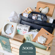 Boîte cadeau naissance unisexe 500$ avec sac Lambert, veilleuse veille sur toi et soins Lolo en caisse bois