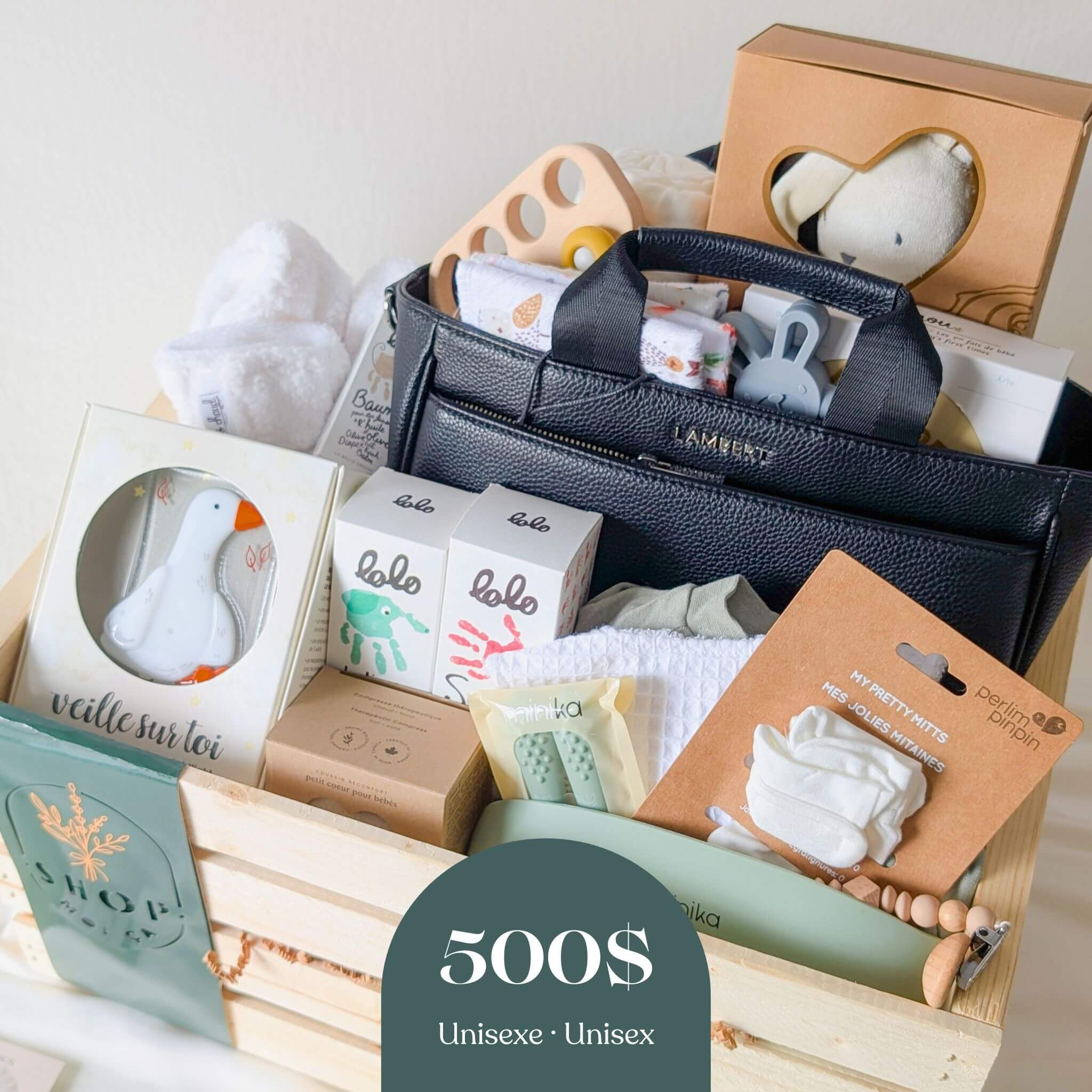 Boîte cadeau naissance unisexe 500$ avec sac Lambert, veilleuse veille sur toi et soins Lolo en caisse bois
