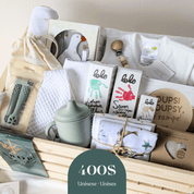 Boîte cadeau naissance unisexe 400$ en caisse bois avec soins Lolo, gobelet silicone et essentiels bébé