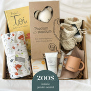Boîte cadeau naissance unisexe 200$ avec doudou Papoum Papoum, couverture mousseline et accessoires bébé québécois
